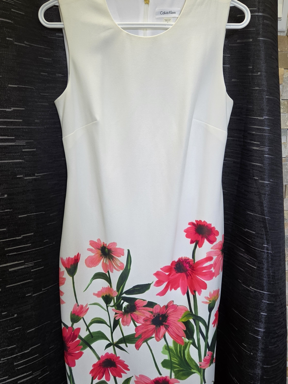 Calvin Klein White Floral Sheath Dress with Pink Blooms